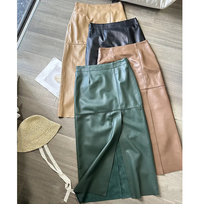 100% Real Leather Long Skirt Women 2024 New Fashion High Waist  Sexy Split Wrap Skirt Chic Ladies Sheepskin Pencil Skirts Luxury