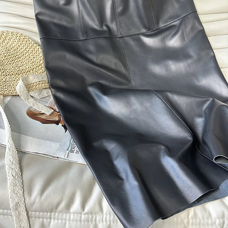100% Real Leather Long Skirt Women 2024 New Fashion High Waist  Sexy Split Wrap Skirt Chic Ladies Sheepskin Pencil Skirts Luxury