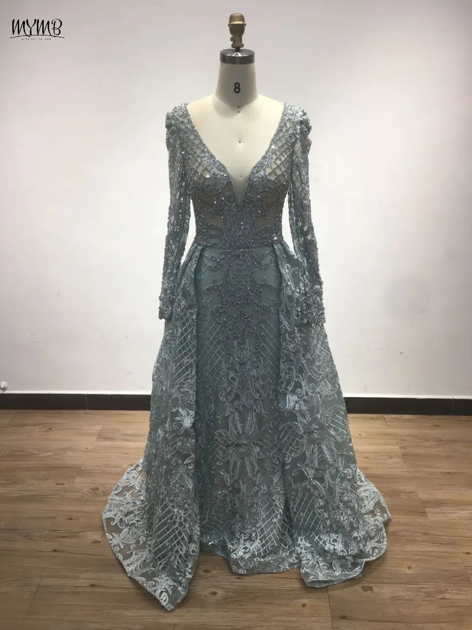 MYMB Blue Elegant Long Sleeves Women Celebrity Dress for Formal Occasions Luxury Arabic V Neck Beading Lace Evening Gowns DKN108