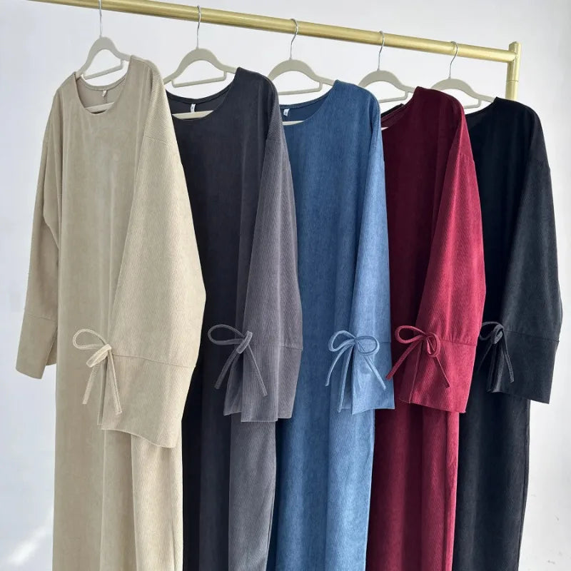 Bowknot Decorations Corduroy Abaya Muslim Women Dress O Neck Side Pockets Warm Loose Modest Islam Hijabi Robe Ramadan Autumn