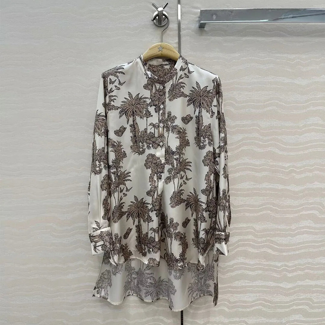 2025 New Autumn Vintage Coconut Tree Print Butterfly 100% Silk Long Shirt Women O-neck Long Sleeve Loose Casual Blouse Tops