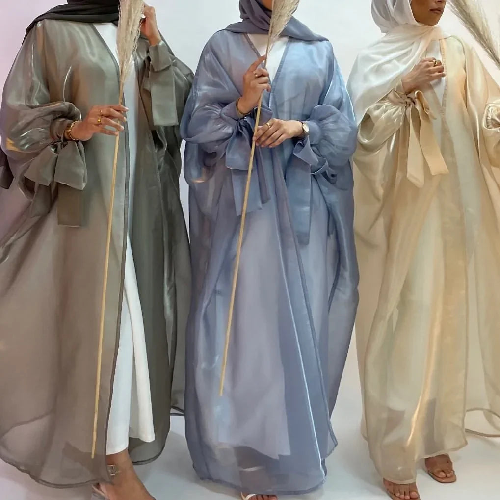 2025 Eid Abaya Dubai Puff Sleeves Muslim Dress Silky Turkey Kaftans for WomenRobe Kimono Islam Abayas Femme Musulmane African