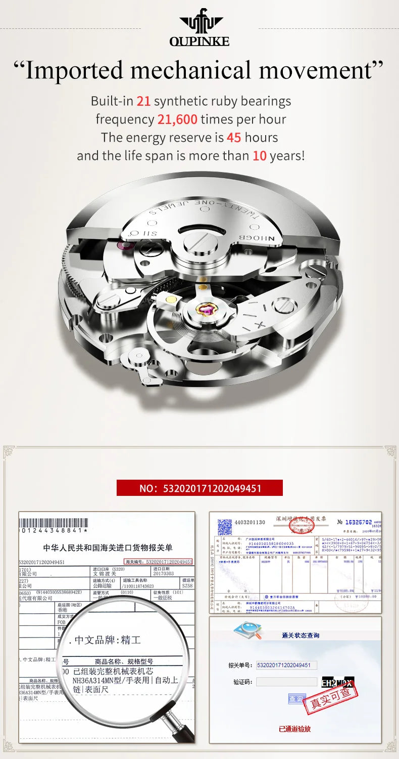 OUPINKE 3169 Luxury Elegant Fashion Womens Watch Automatic Mechanical Day Date Watch For Ladies Waterproof Original Gifts Reloj