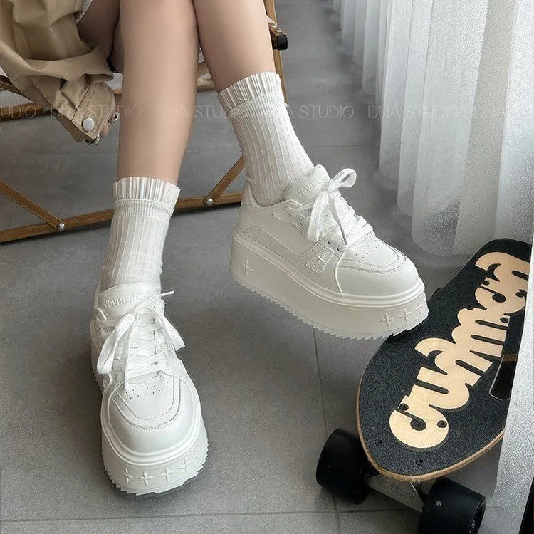 2025  Lightweight Sports  Genuine Leather Thick Bottom Women's Super High Heel Bread Shoes Versatile Height Casual Board Shoes