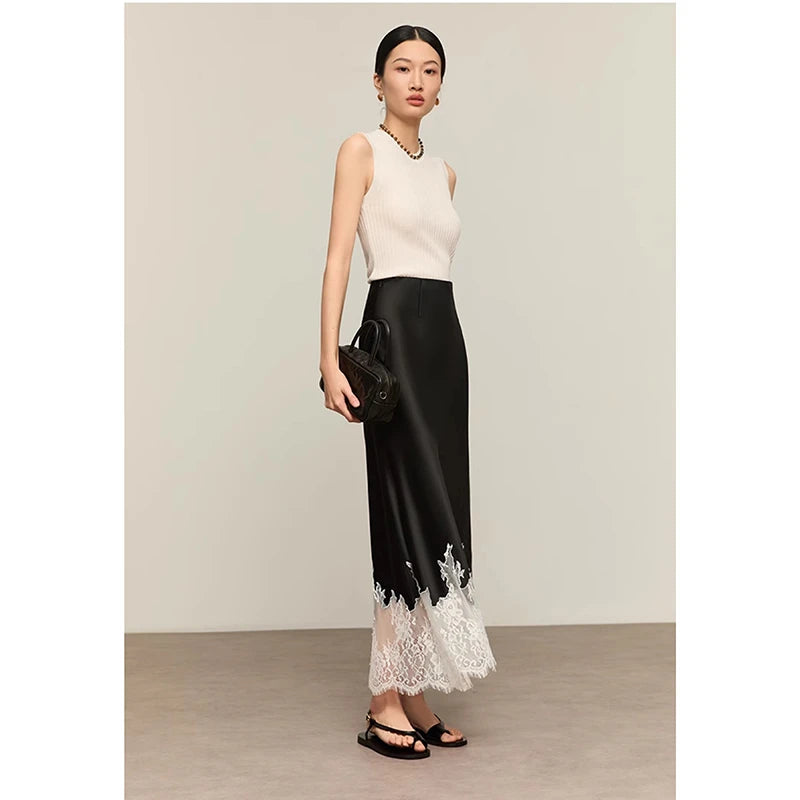 2025 New Arrival Summer Women Casual High Waist Elegant Slim Pencil Skirt Lace Patchwork Good Quality Ankle-length Skirts T11