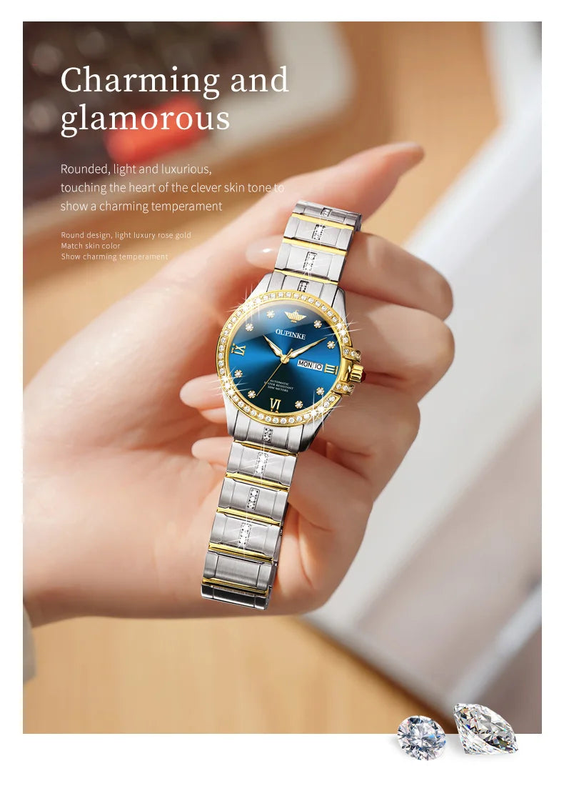OUPINKE 3195 Japan Imported Automatic Movement Mechanical Watch for Women Diamond Ladies Watch Waterproof Dual Calendar Watch
