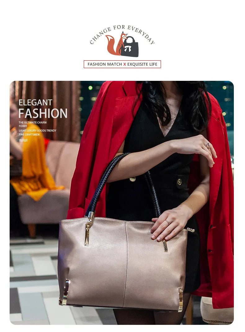 FOXER Brand Stylish Women Cowhide Leather Handbag Female Shoulder Bag Design Luxury Lady Large Capacity Zipper Top-Handle Bags