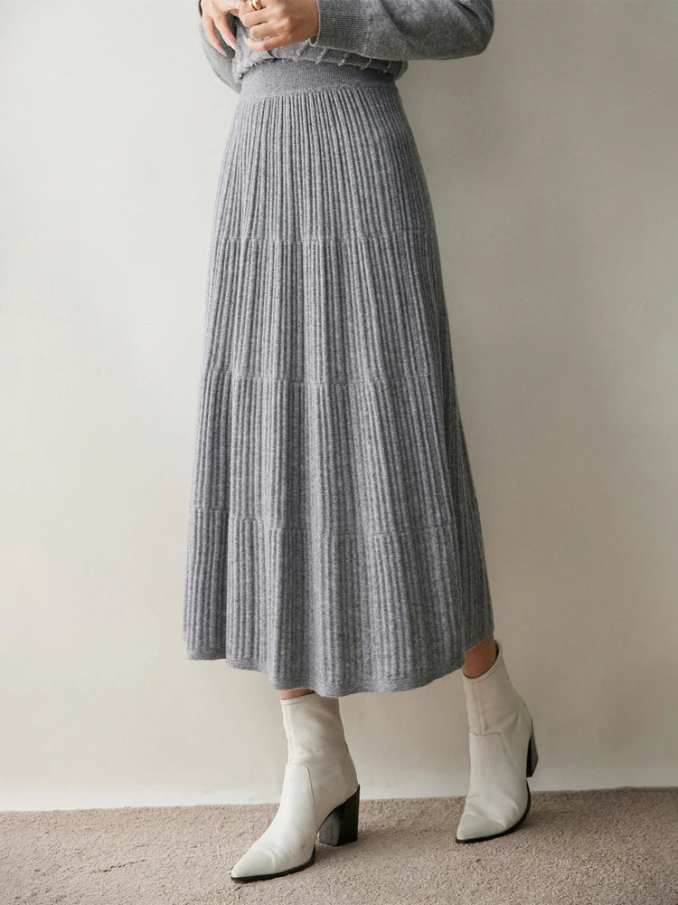 100% Cashmere Knitted Skirt Autumn Winter Women Elegant Tiered Pleats Slim A-line High Waisted Soild Office Lady Dress High-end