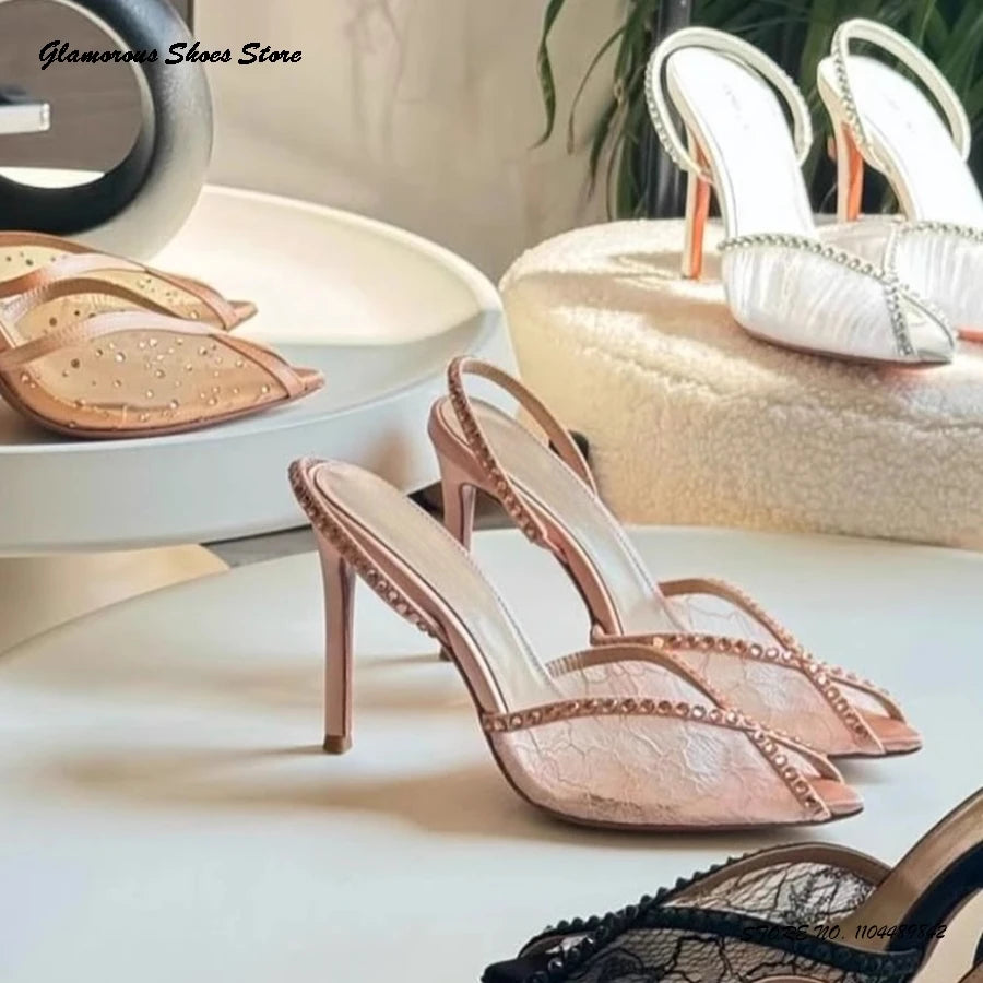Crystal-embellished Lace Slingback Sandals Women's Pointed Open Toe Thin Heels Party Shoes Summer Fashion Pull On Stilettos