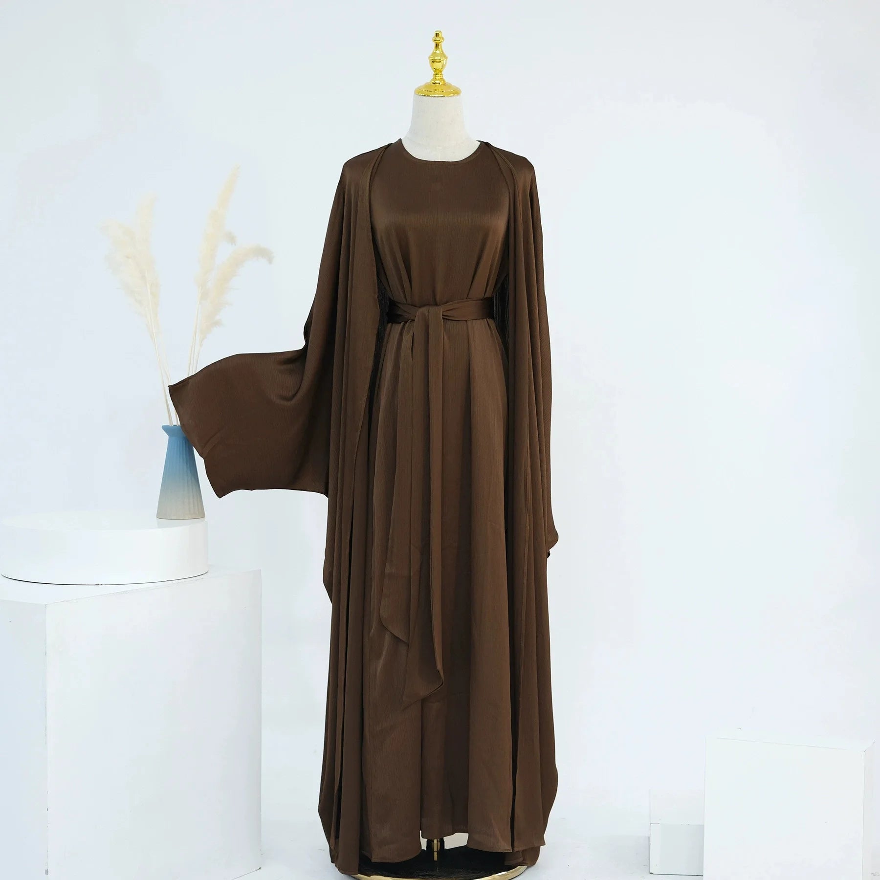 Ramadan Muslim Women 2 Piece Set Party Dresses Abaya Eid Jalabiya Sashes Morocco Dubai Kaftan Cardigan Robe Kimono Kebaya Caftan