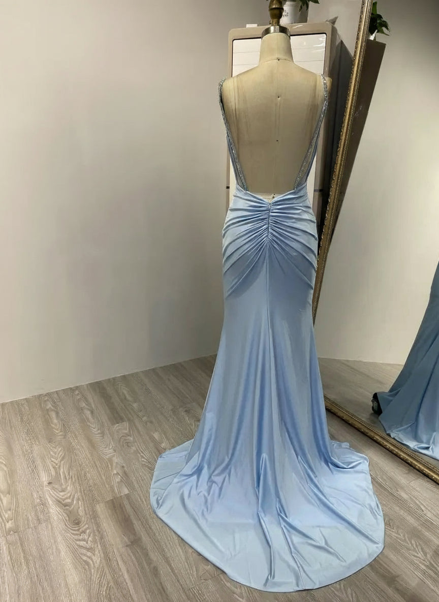 MYMB Blue Elegant Spaghetti Straps Mermaid Satin Girl Princess Dress Pleated Backless Evening Gowns for Wedding Party MC20028