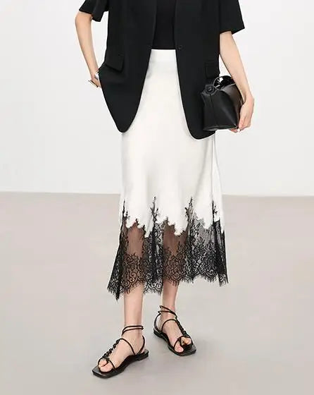 2025 New Arrival Summer Women Casual High Waist Elegant Slim Pencil Skirt Lace Patchwork Good Quality Ankle-length Skirts T11