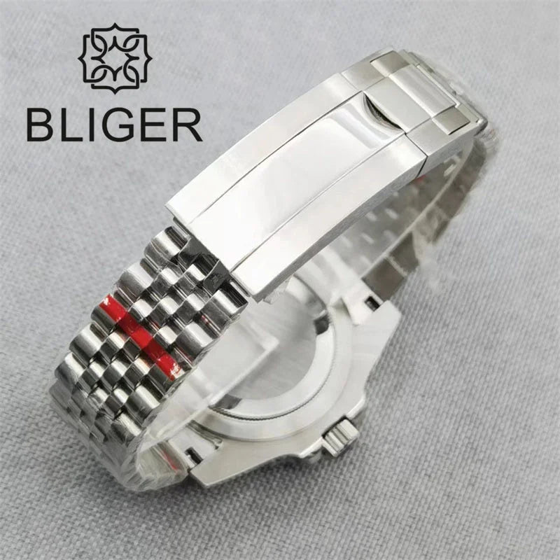 BLIGER 36mm Pink Dial WithDiamond Time Machenical Watch NH35 Automatic Movement Marks Steel Strap Silver Fluted Bezel Waterproof