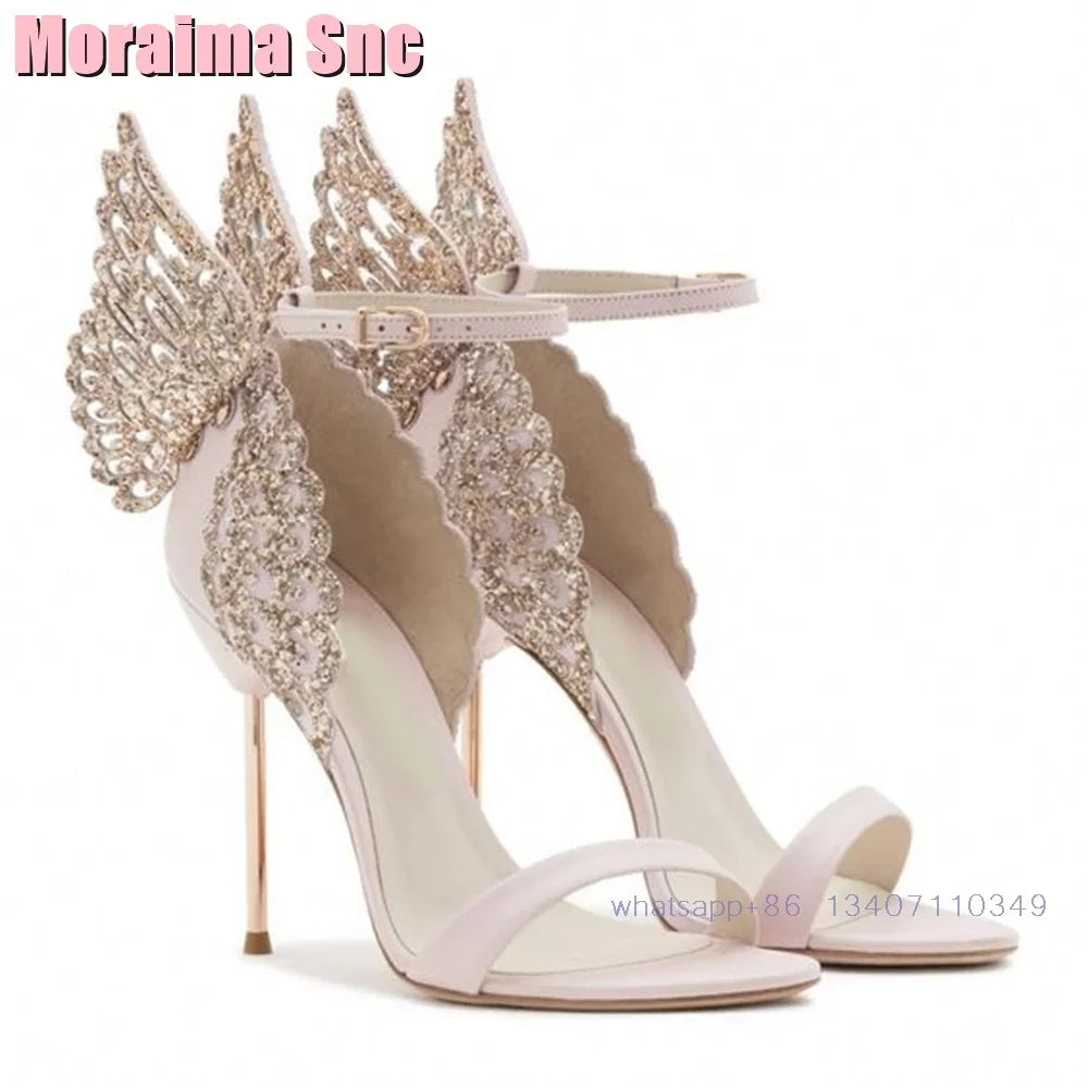 2025 New Back Butterfly Decor Wedding Shoes Bridal Sandals Stiletto High Heel Round Toe Ankle Buckle Bling Dress Shoes Banquet