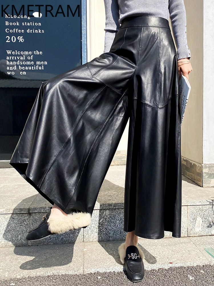 KMETRAM 100% Top Layer of Sheepskin Women Pants Autumn 2025 High Waisted Pants Genuine Leather Wide Leg Trousers Woman Clothes