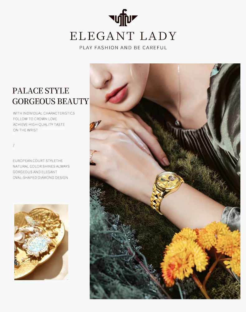 OUPINKE 3202 Women Watch Original Tungsten Steel Moon Phase Waterproof Watch Luxury Swiss Brand Women Automatic Mechanical Watch