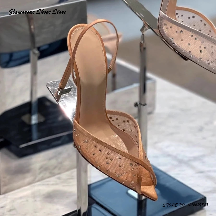 Crystal-embellished Lace Slingback Sandals Women's Pointed Open Toe Thin Heels Party Shoes Summer Fashion Pull On Stilettos