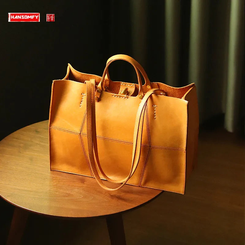 Genuine Leather Women's Handbags Cowhide Large Capacity Lady Tote Bag Niche Retro Commuter Portable Shoulder Bags 2025 New