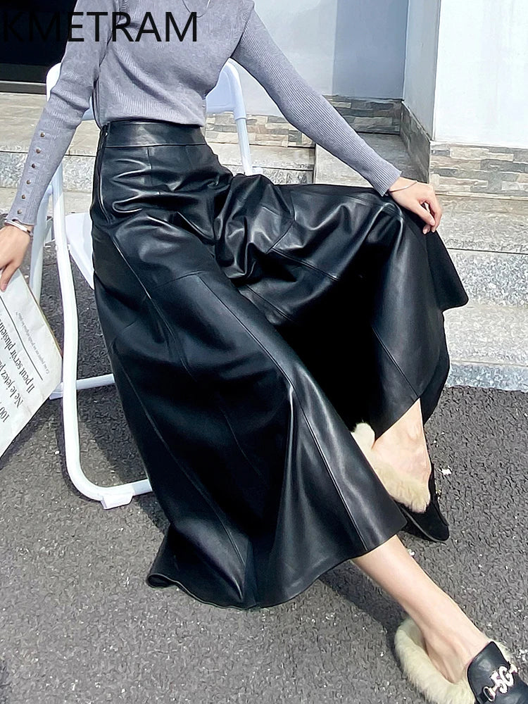 KMETRAM 100% Top Layer of Sheepskin Women Pants Autumn 2025 High Waisted Pants Genuine Leather Wide Leg Trousers Woman Clothes