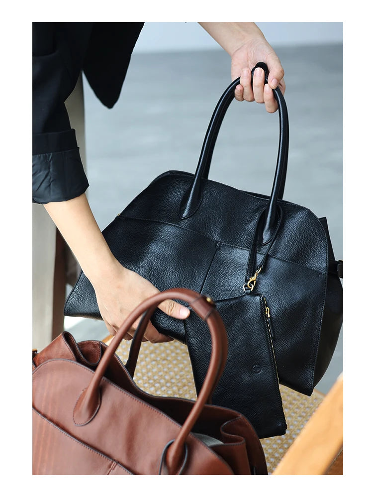 Women's Genuine Leather Large Capacity Tote Bag Female Retro Luxury Briefcase Vintage Cowhide Shoulder Handbag
