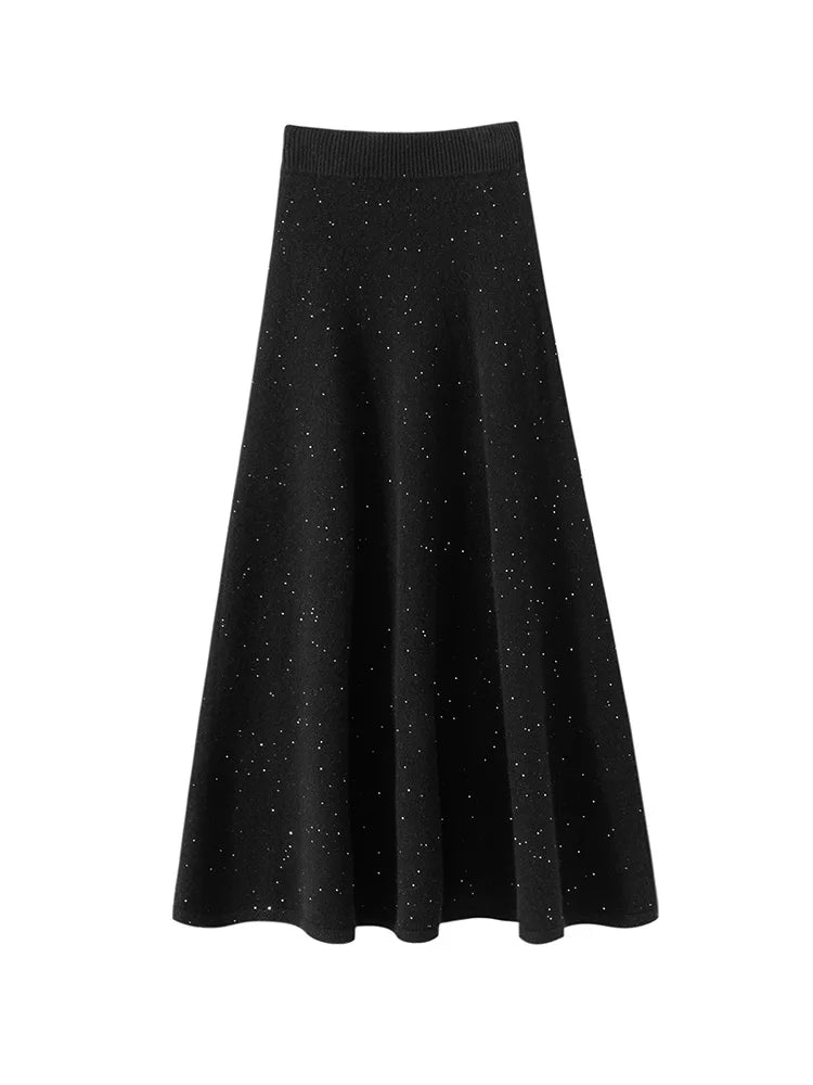 Luxury Women 100% Cashmere  Skirt Autumn Winter Thick Vintage Simple Style Sequined Umbrella Skirt Soft Warm  Knitted Skirt