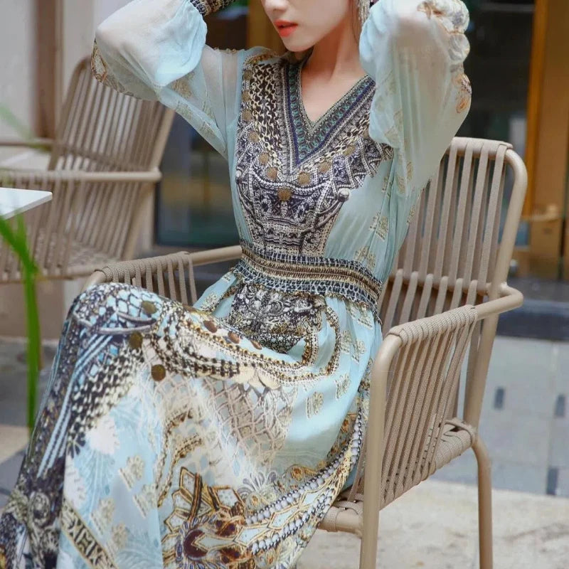 Spring Autumn New V-neck Long Sleeve Fashion Maxi Dress Women High Street Vintage Printing Dresses Elegant All-match Vestidos