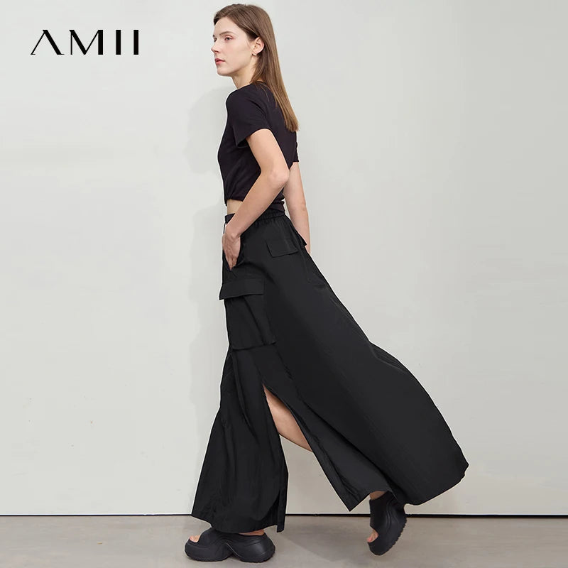 AMII Vacation Long Skirt 2025 Summer Women Loose Sun Protection Office Lady Solid Pockets Elastic Waist Cord Slit Skirt 12542106