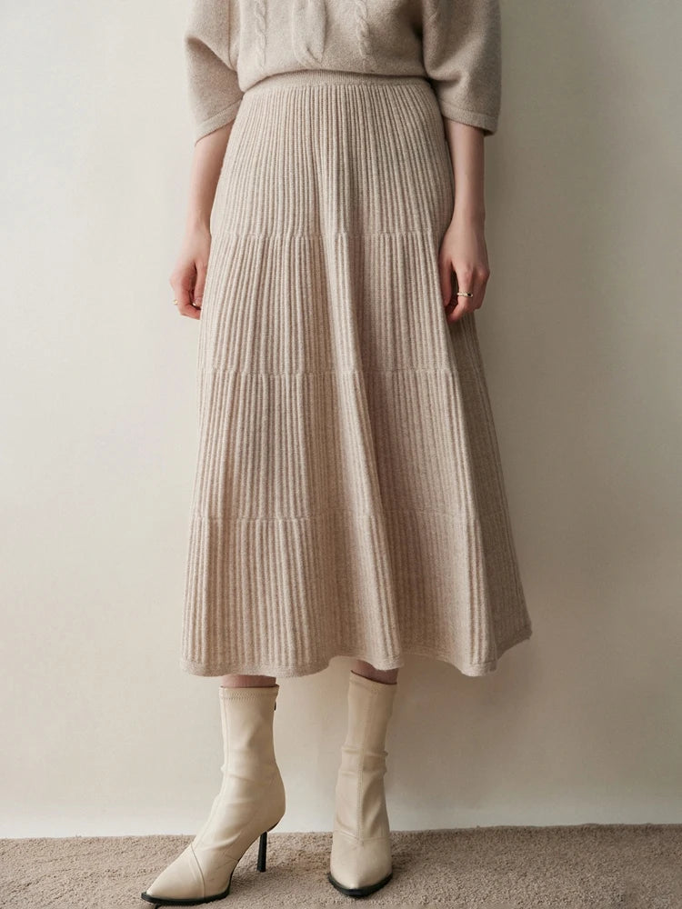 100% Cashmere Knitted Skirt Autumn Winter Women Elegant Tiered Pleats Slim A-line High Waisted Soild Office Lady Dress High-end