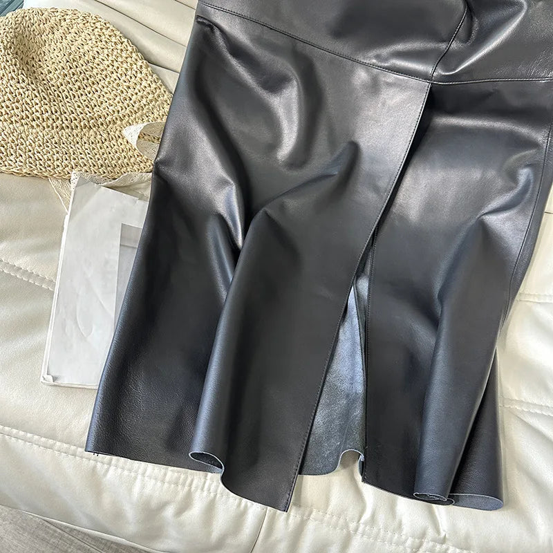 100% Real Leather Long Skirt Women 2024 New Fashion High Waist  Sexy Split Wrap Skirt Chic Ladies Sheepskin Pencil Skirts Luxury