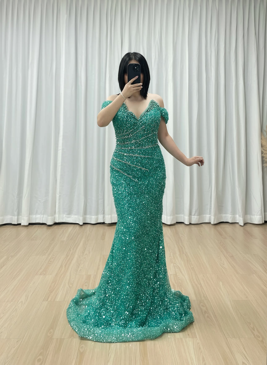 MYMB Fashion Sparkly Luxury V Neck Off Shoulder Green Beaded Sequins Mermaid Prom Party Evening Dresses Gowns for Women MY30185
