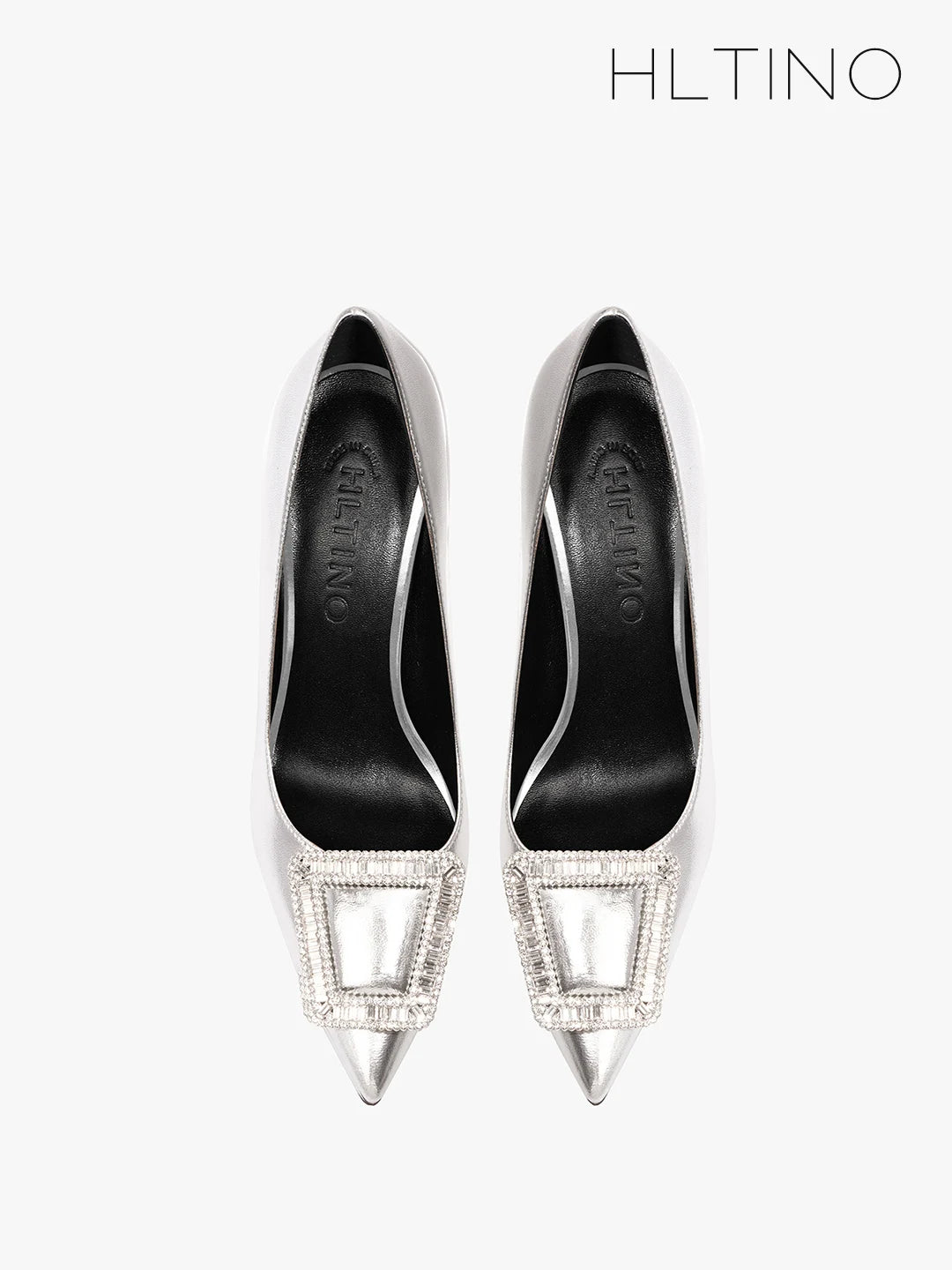 Silver Women Pumps Soft Comfortable Ladies High Heels Pointed Toe with Square Rhinestones Buckle Size 43 Wedding Shoes