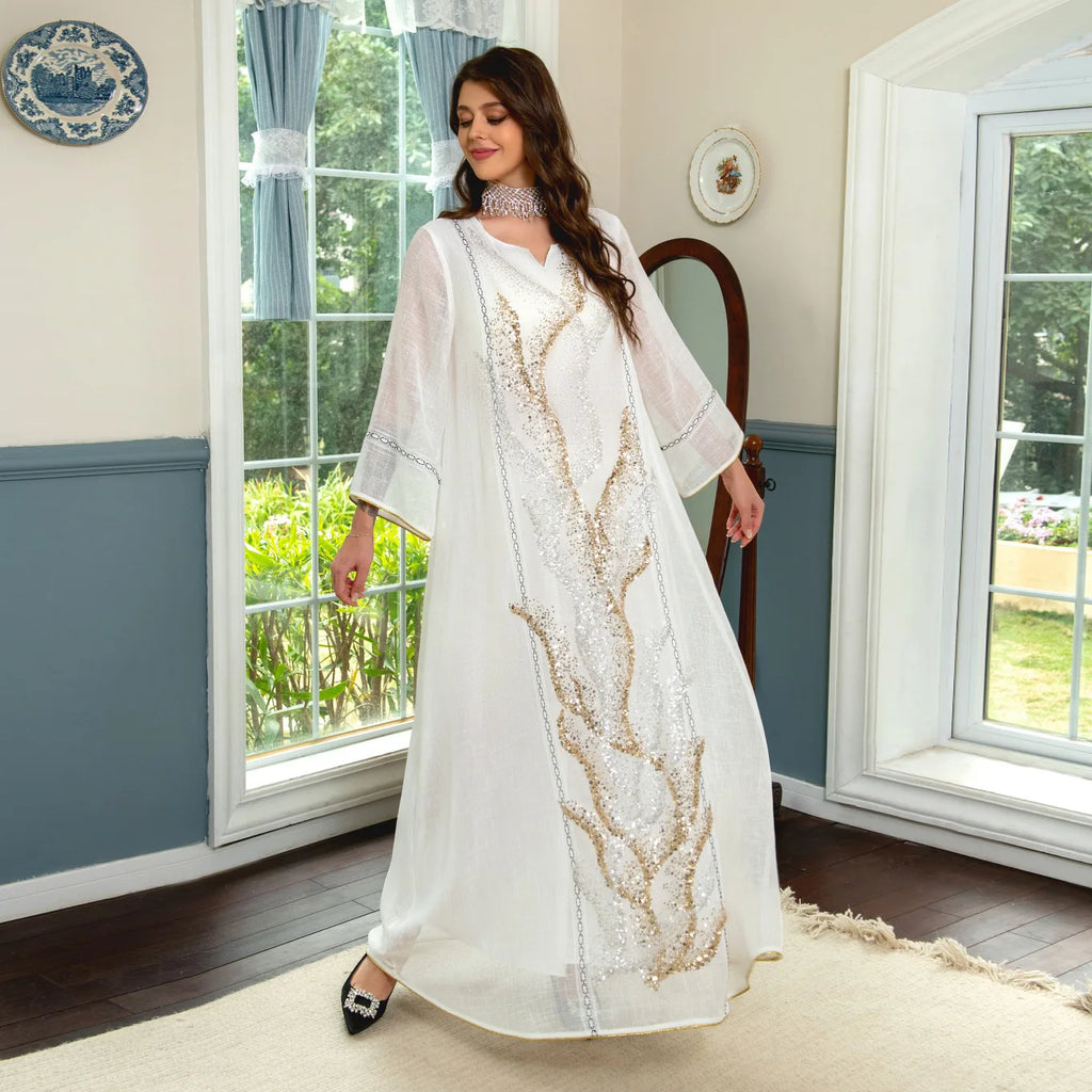 Middle East New White Mesh Bead Embroidery Muslim Dress Dubai Saudi Arabia Light Luxury Temperament Robe