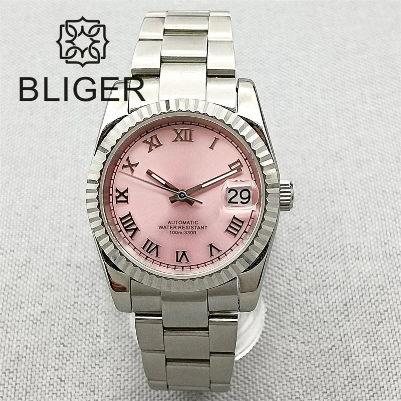 BLIGER 36mm Pink Dial WithDiamond Time Machenical Watch NH35 Automatic Movement Marks Steel Strap Silver Fluted Bezel Waterproof