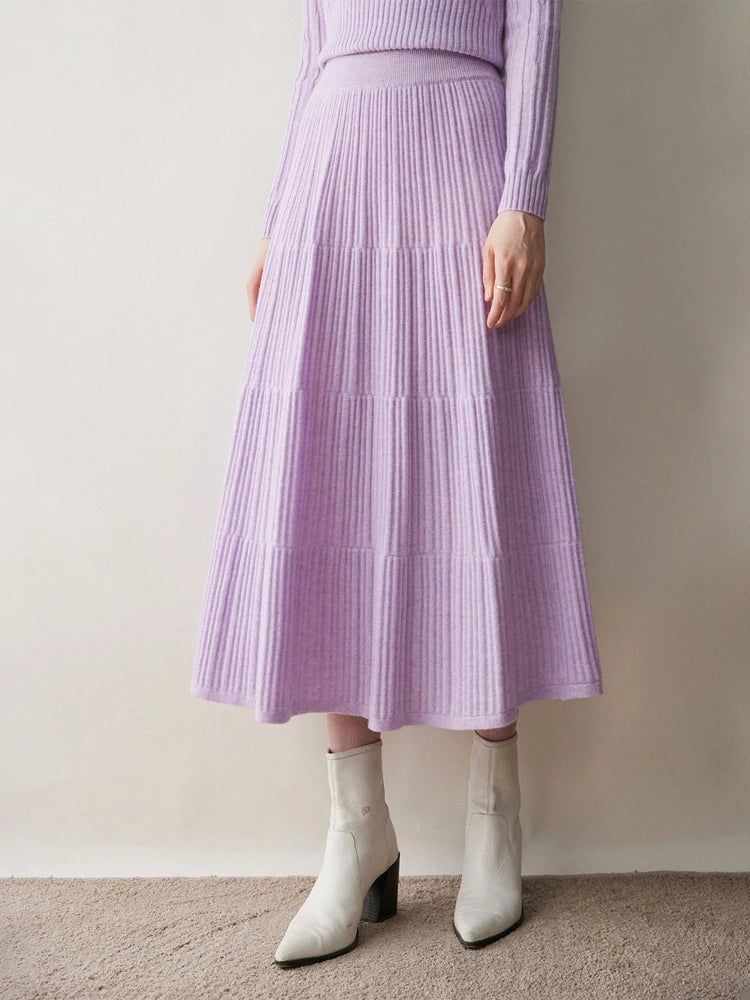 100% Cashmere Knitted Skirt Autumn Winter Women Elegant Tiered Pleats Slim A-line High Waisted Soild Office Lady Dress High-end