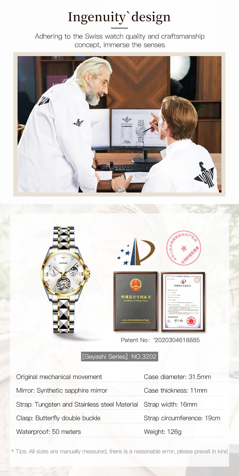 OUPINKE 3202 Women Watch Original Tungsten Steel Moon Phase Waterproof Watch Luxury Swiss Brand Women Automatic Mechanical Watch