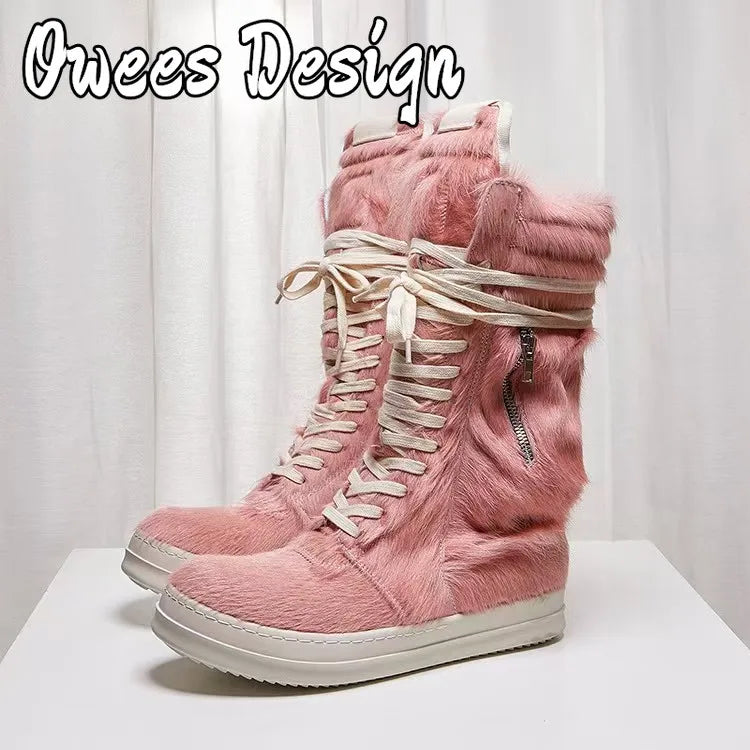 Men Horsehair Boots New Brand Shoes Women Genuine Leather High Top Zip Pockets Lace Up Shoes High Street Vintage Sneakers Unisex