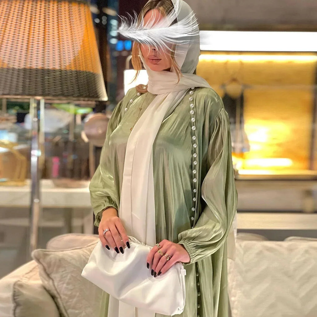 2025 Caftan Muslim Abaya Women Dress 2 Piece Set Abayas Gowns Dubai Arabic Silk Satin Kimono Cardigan Robe Outwear Autumn