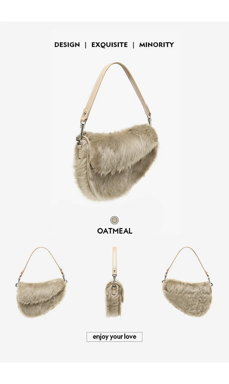 BAFELLI 2025 NEW WOMEN'S HANDBAG TREND GENUINE LEATHER FASHION STYLE WINTER SADDLE FUR BAGS LUXURY BRAND DESIGNER SHOULDER PURSE