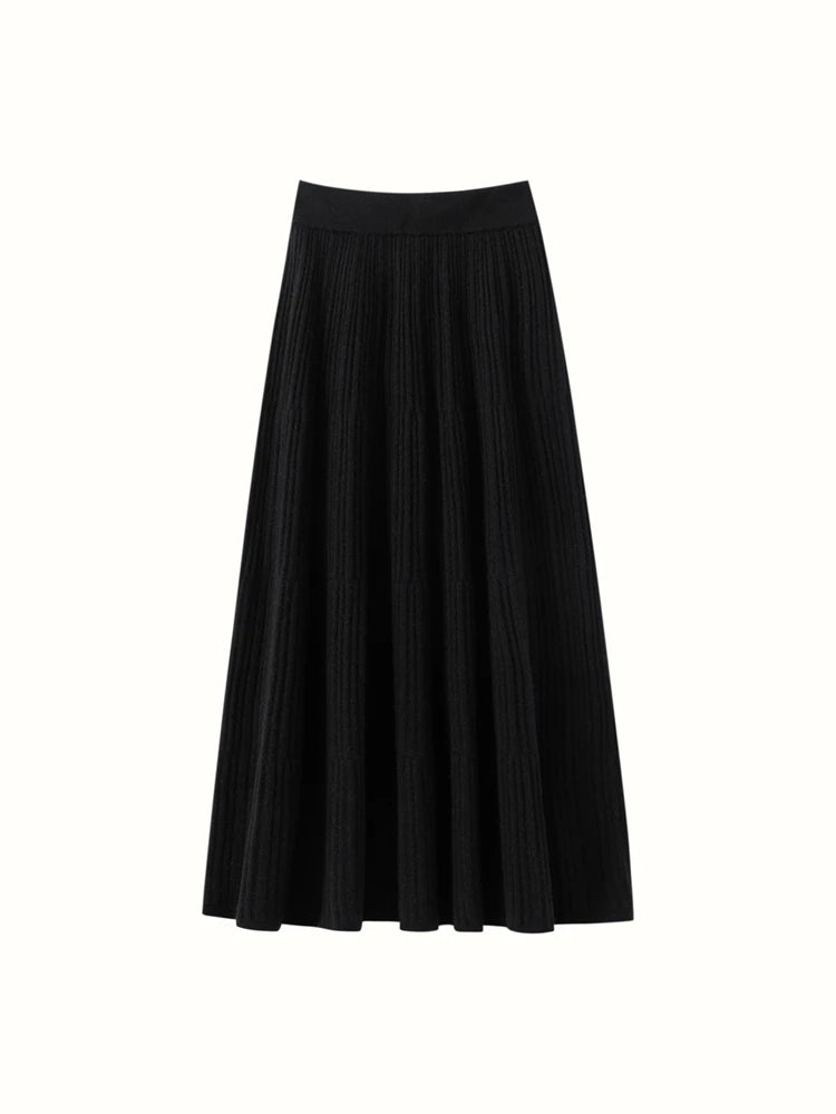 100% Cashmere Knitted Skirt Autumn Winter Women Elegant Tiered Pleats Slim A-line High Waisted Soild Office Lady Dress High-end