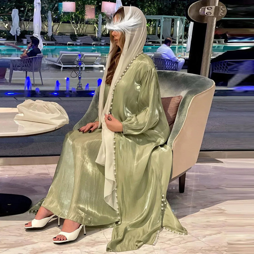 2025 Caftan Muslim Abaya Women Dress 2 Piece Set Abayas Gowns Dubai Arabic Silk Satin Kimono Cardigan Robe Outwear Autumn