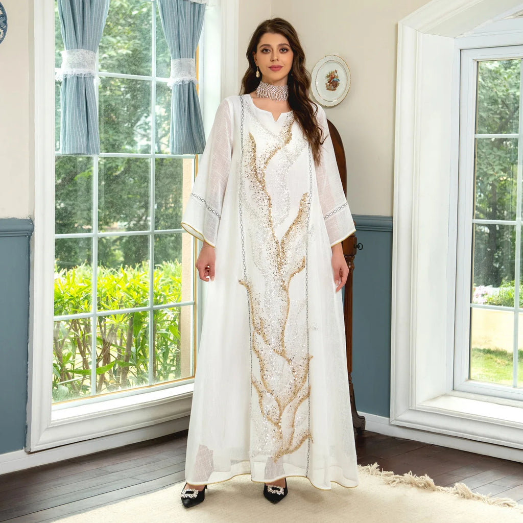 Middle East New White Mesh Bead Embroidery Muslim Dress Dubai Saudi Arabia Light Luxury Temperament Robe