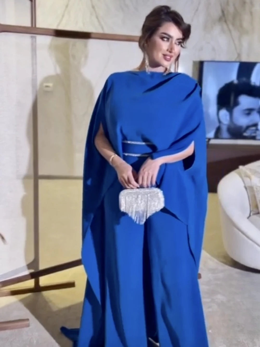 Modest Blue Jumpsuits Luxurious Crystals Prom Muslim High Quality Open Back Evening Dress Women Banquet Formal Occasions Wear