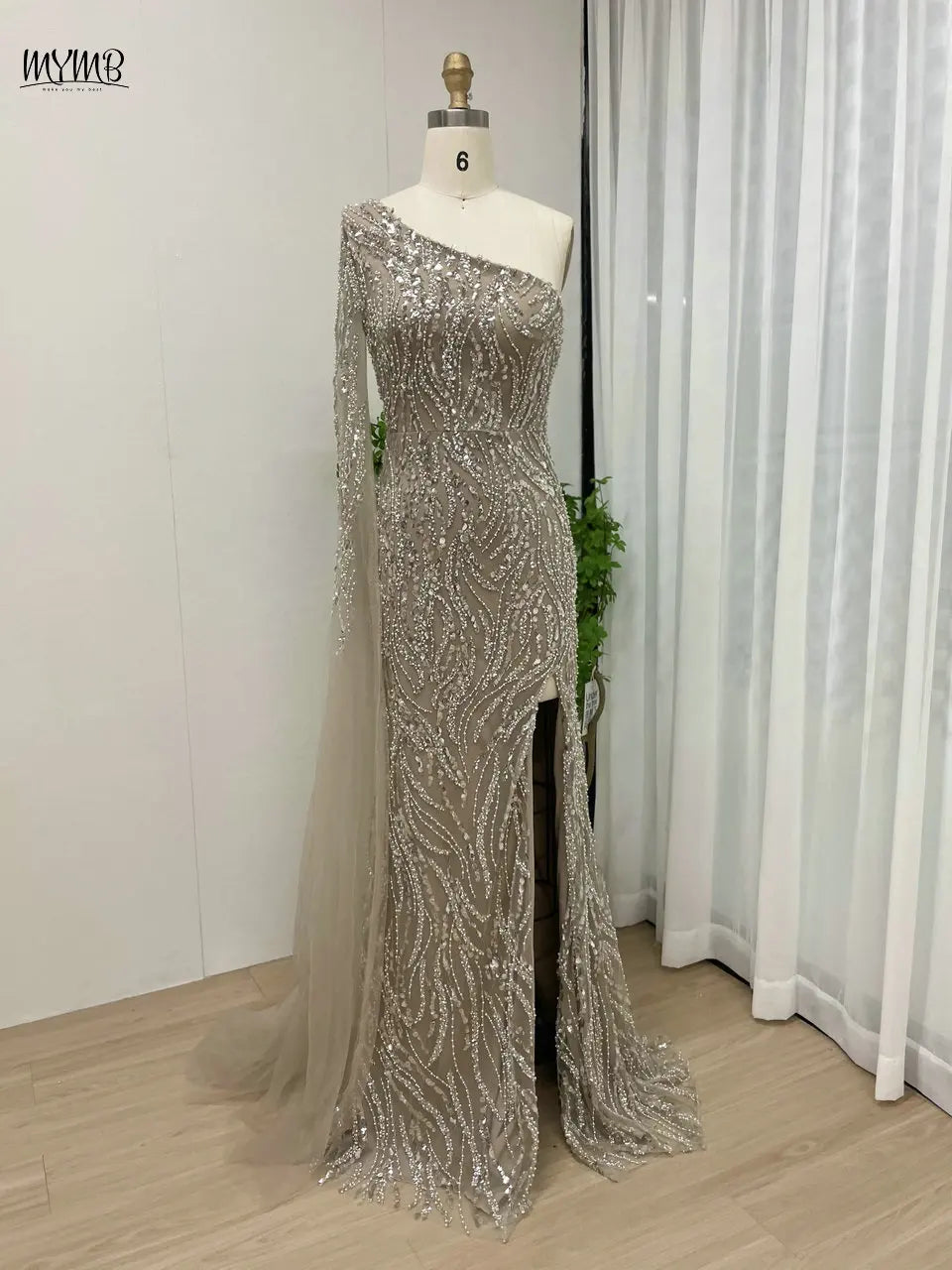 MYMB Champagne Amazing Beaded One Shoulder Mermaid Formal Occasion Dresses Sexy Cape Sleeve Evening Gowns with Side Split Y30023