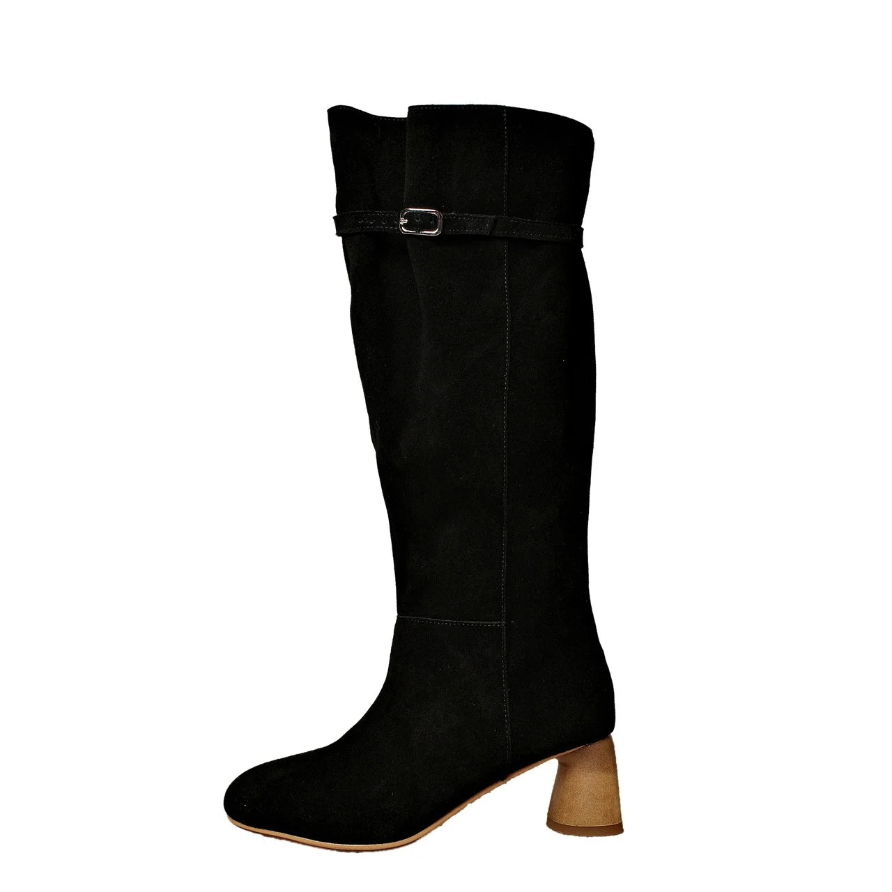 Women's Suede Over The Knee Boots Buckle Strap Design Chunky Heel Elegant Boot Chunky Heel Autumn Casual Ladies Retro Botas