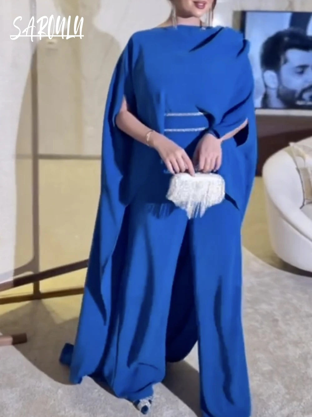 Modest Blue Jumpsuits Luxurious Crystals Prom Muslim High Quality Open Back Evening Dress Women Banquet Formal Occasions Wear