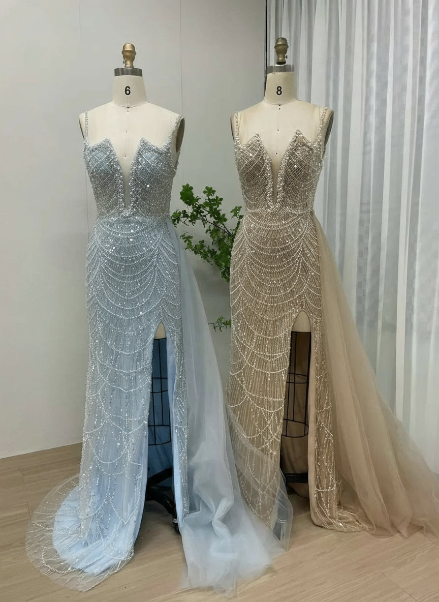 MYMB Pink Stunning Spaghetti Strap Side Split Evening Gowns for Women Party New Arrival Trendy Mermaid Tulle Beaded Evening Gown