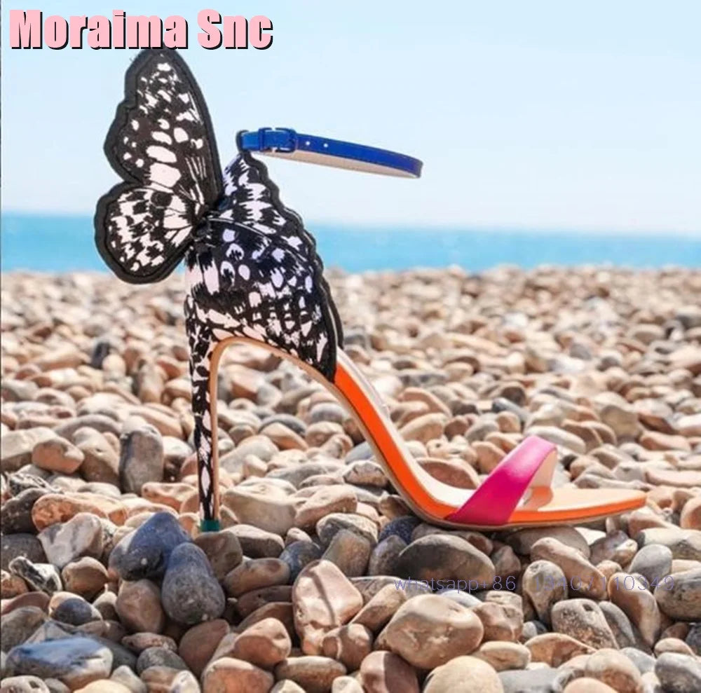 2025 New Back Butterfly Decor Wedding Shoes Bridal Sandals Stiletto High Heel Round Toe Ankle Buckle Bling Dress Shoes Banquet