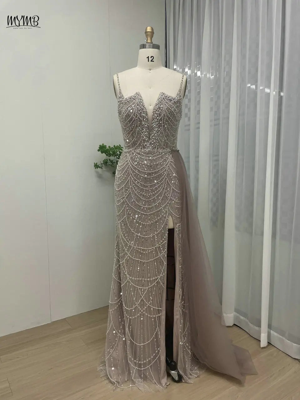 MYMB Pink Stunning Spaghetti Strap Side Split Evening Gowns for Women Party New Arrival Trendy Mermaid Tulle Beaded Evening Gown