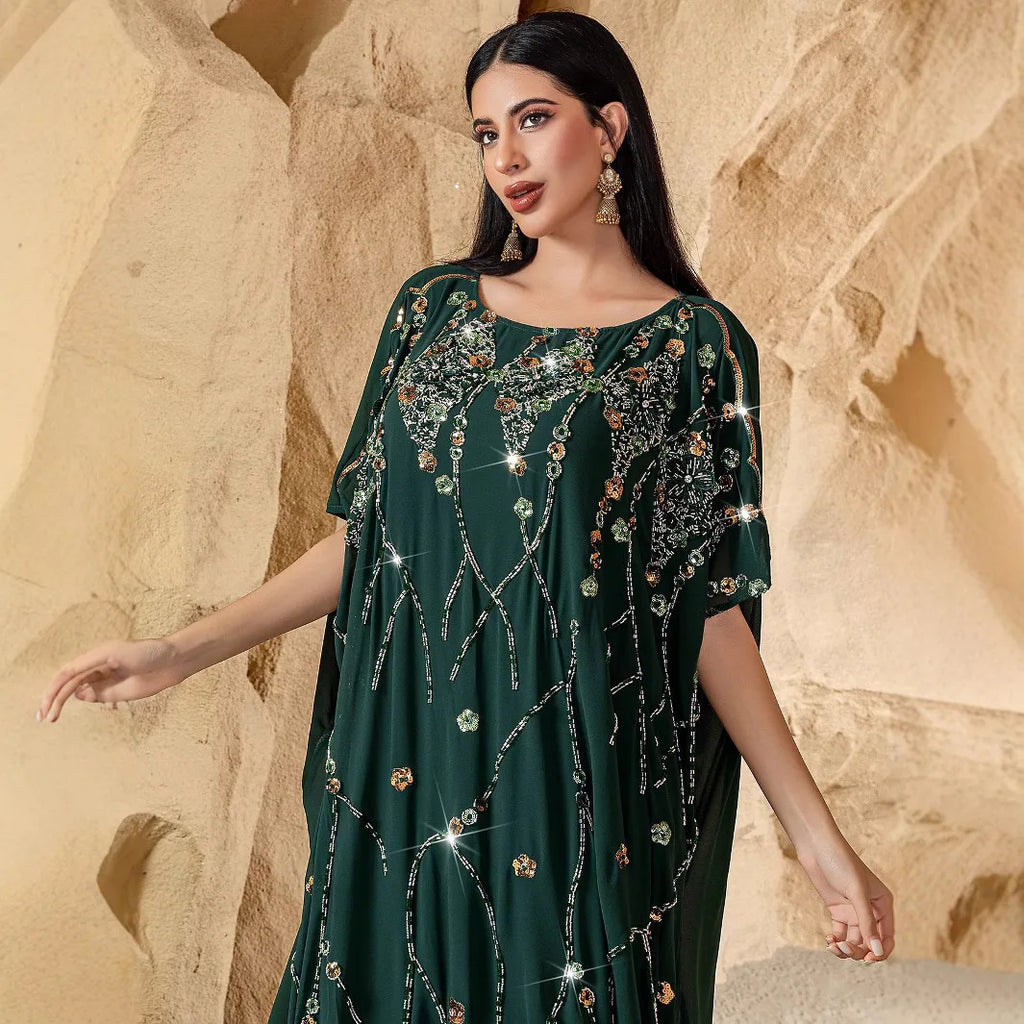 2025 Summer Eid Djellaba Morocco Sequins Embroidery Abayas Short Sleeve Dresses Jalabiya Dubai Turkey Kaftan Women Muslim Robes