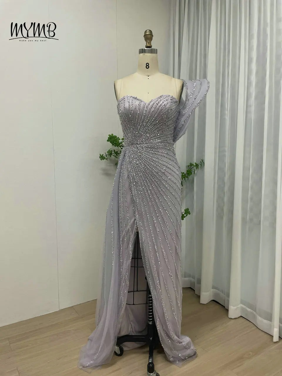 MYMB Gorgerous Green High Split Mermaid Beaded Wedding Party Dress Luxury Sweetheart Neck One Shoulder Evening Ball Gown MB40031